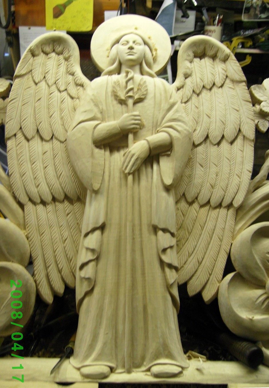 Close up of the central angel detail - angel carving bed head 