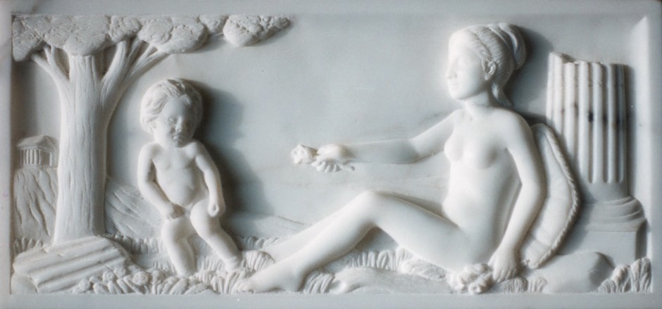 Cupid Being Offered A Flower By The Goddess, Carved In Marble - marble fire surround cupid goddess