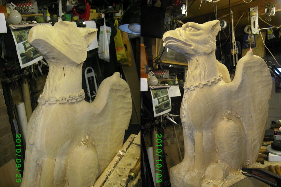 Initial shaping and wood carving of the griffin shape - griffin shaping wood carving