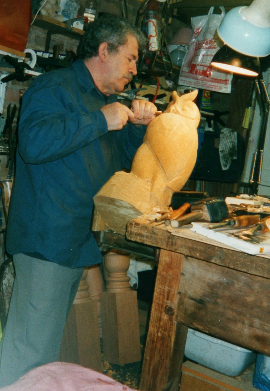 Jose at work on the owl - jose carving, owl, long eared, jose at work