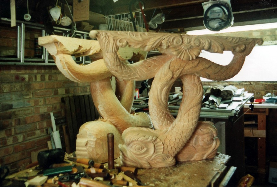 One tables finish, the other in progress - dolphin table, fish table, jelluton, carving, console table
