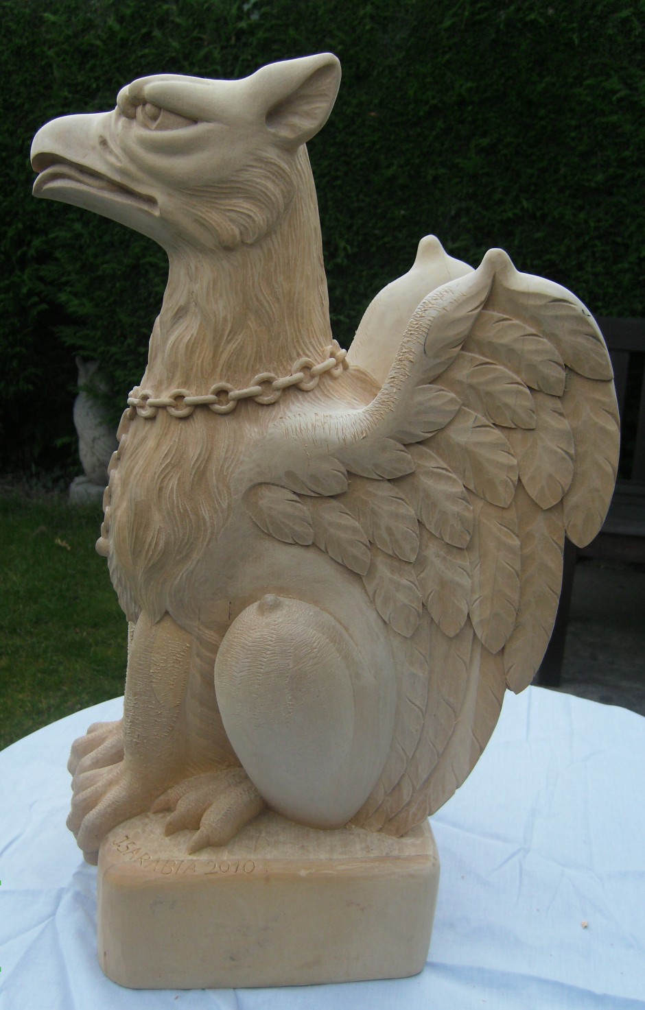 The Completed Griffin Viewed From The Side - griffin wood carving 