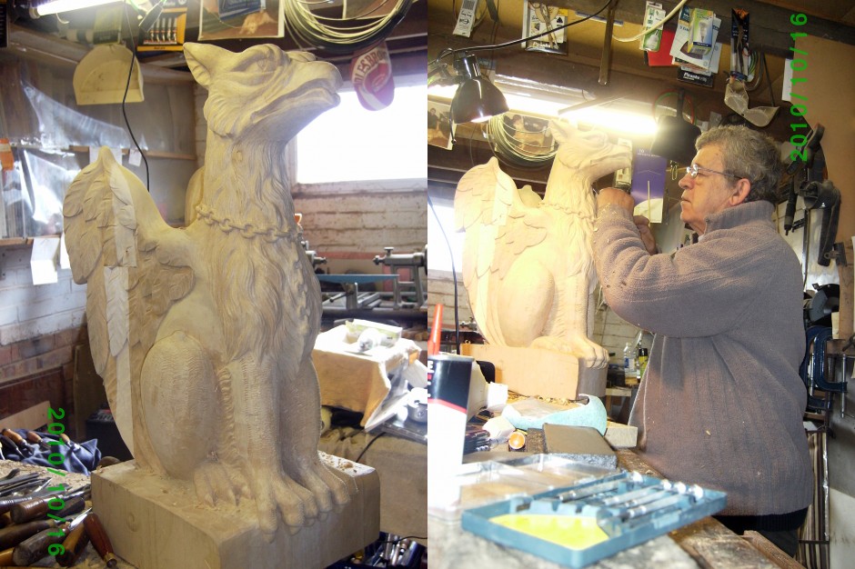 Wood carving in progress on the large griffin - griffin work carving wood carving