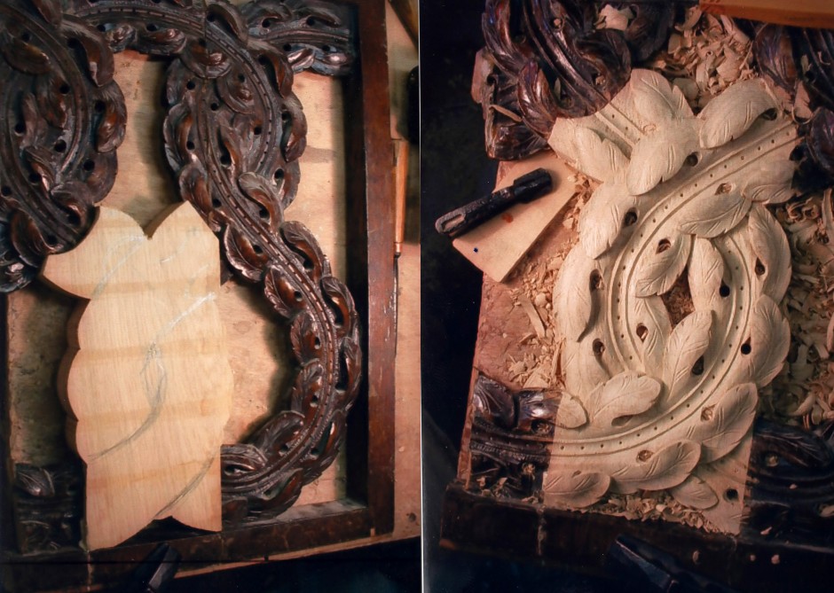 Work in progress photo showing step by step process of repair and carving - carving repair restoration